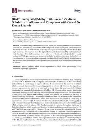 [Bis(Trimethylsilyl)Methyl]Lithium and -Sodium: Solubility in Alkanes and Complexes with O- and N- Donor Ligands