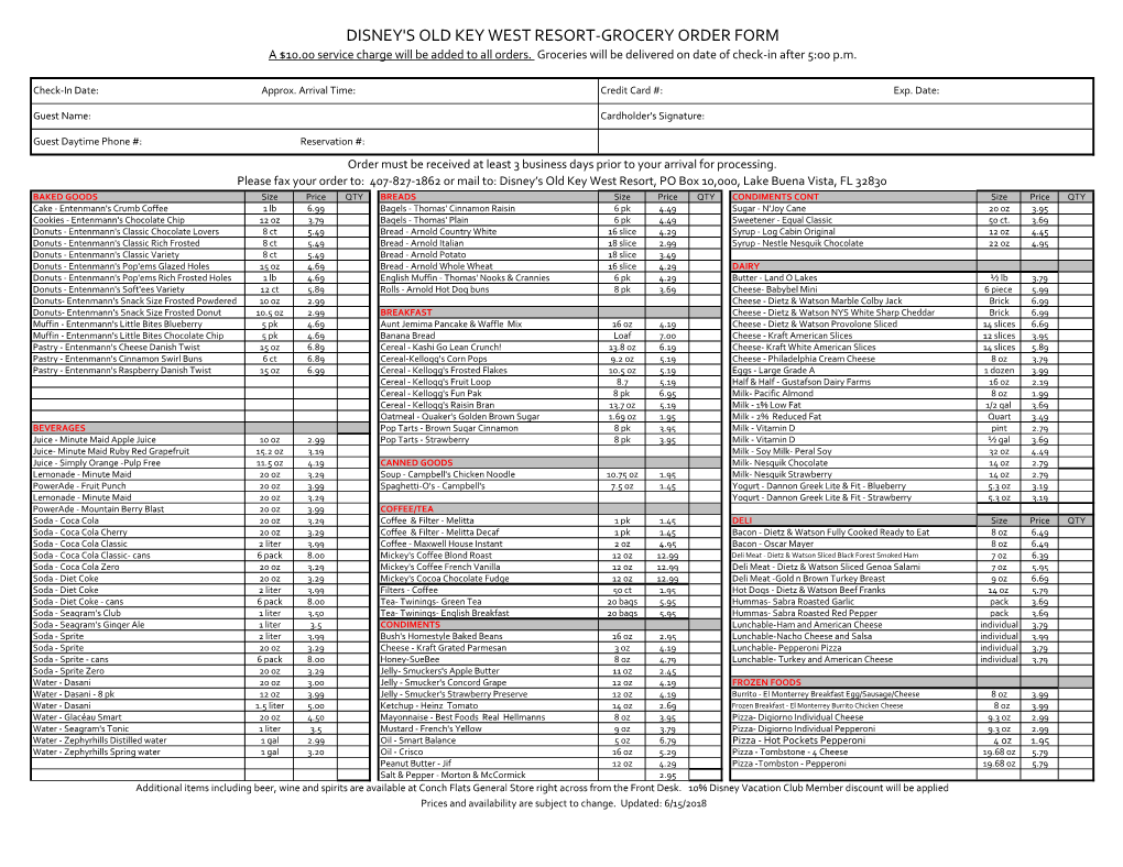 DISNEY's OLD KEY WEST RESORT-GROCERY ORDER FORM a $10.00 Service Charge Will Be Added to All Orders