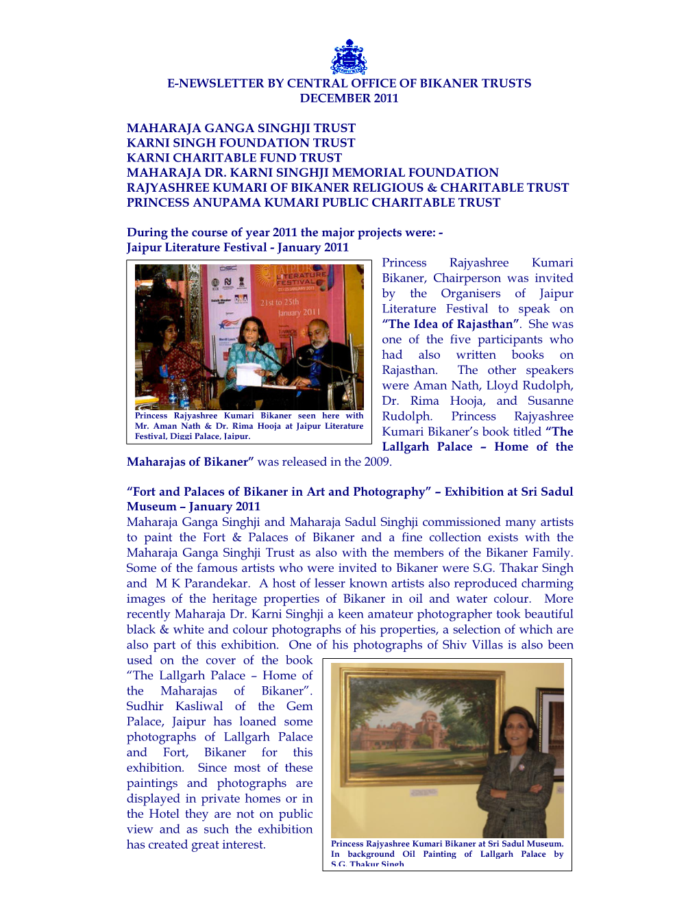 E-Newsletter by Central Office of Bikaner Trusts December 2011