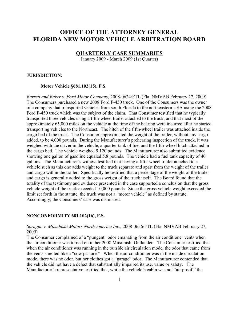 Office of the Attorney General Florida New Motor Vehicle Arbitration Board