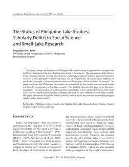 The Status of Philippine Lake Studies: Scholarly Deficit in Social Science and Small-Lake Research