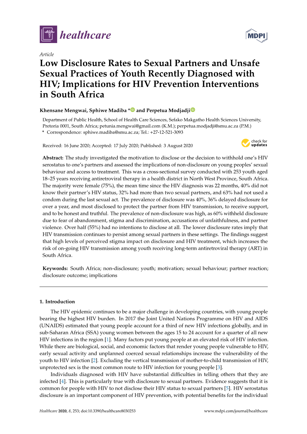 Low Disclosure Rates to Sexual Partners and Unsafe Sexual