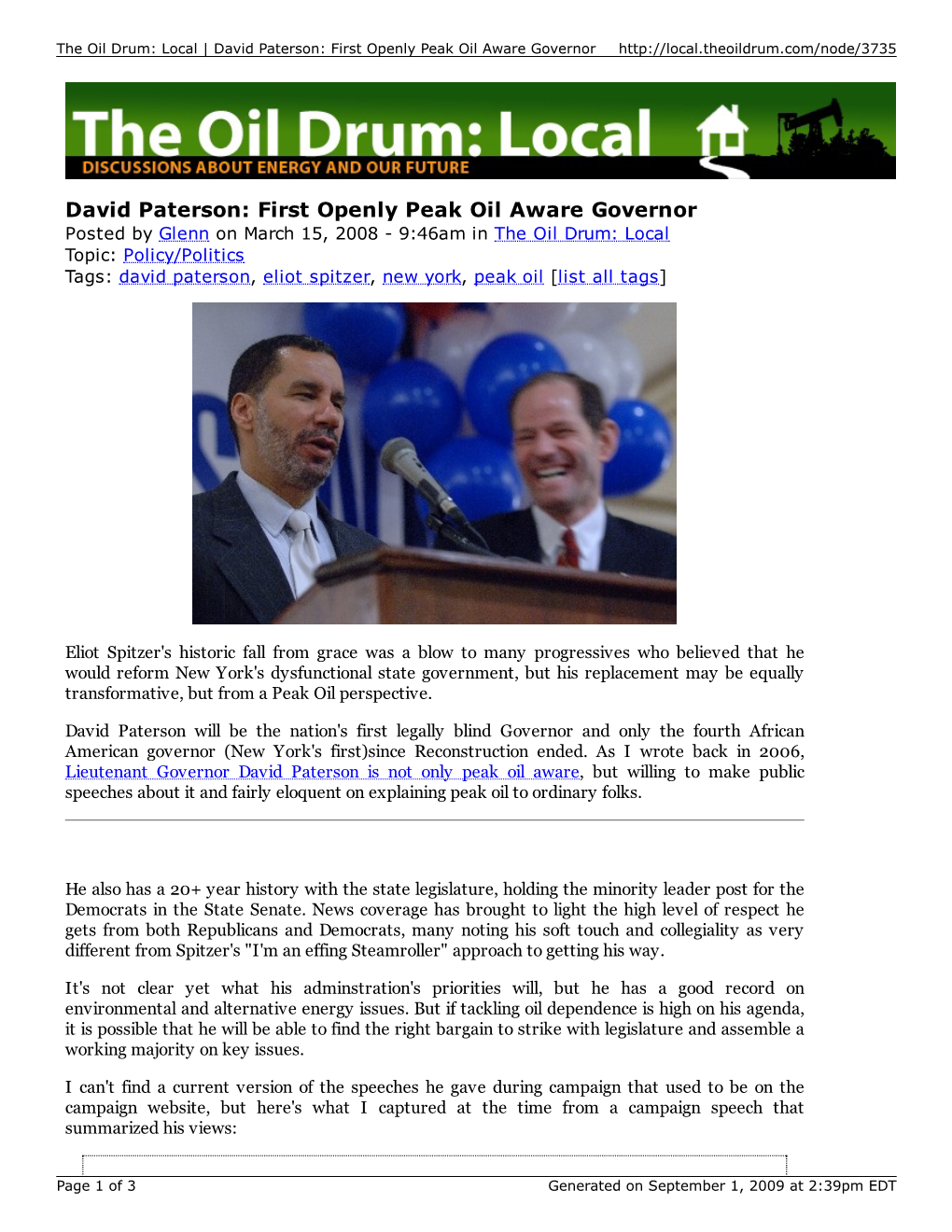 David Paterson: First Openly Peak Oil Aware Governor