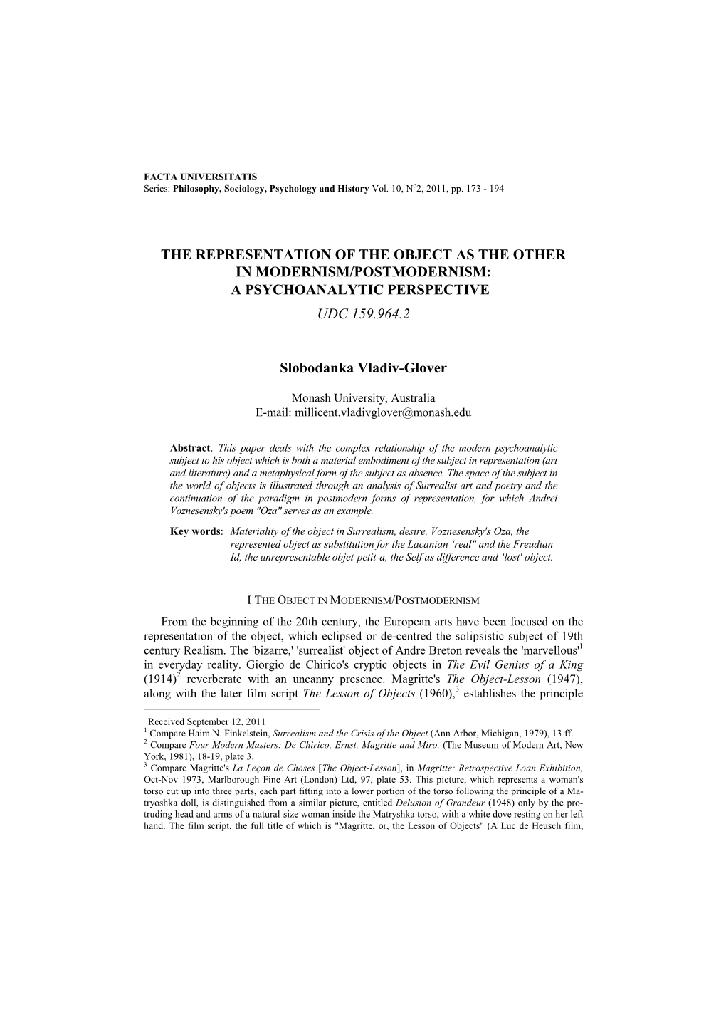 The Representation of the Object As the Other in Modernism/Postmodernism: a Psychoanalytic Perspective  Udc 159.964.2