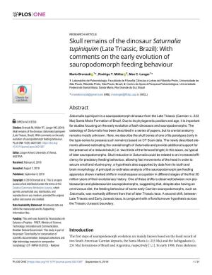 Skull Remains of the Dinosaur Saturnalia Tupiniquim (Late Triassic, Brazil): with Comments on the Early Evolution of Sauropodomorph Feeding Behaviour