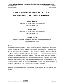 Social Entrepreneurship and Al-Jalal Welfare Trust: a Case from Pakistan
