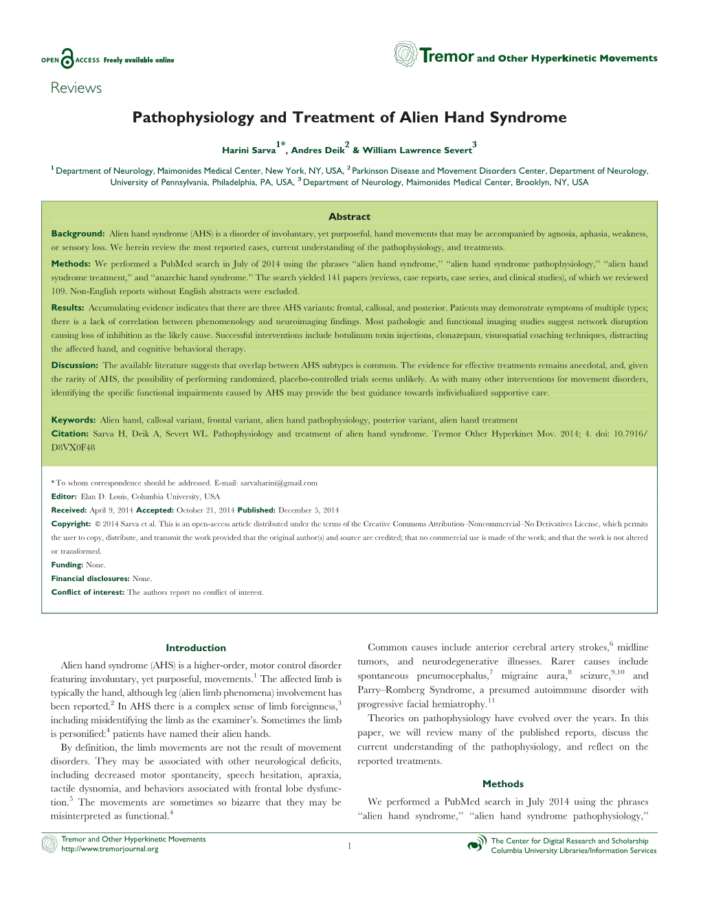 Pathophysiology and Treatment of Alien Hand Syndrome