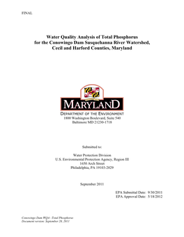 Water Quality Analysis of Total Phosphorus for the Conowingo Dam Susquehanna River Watershed, Cecil and Harford Counties, Maryland