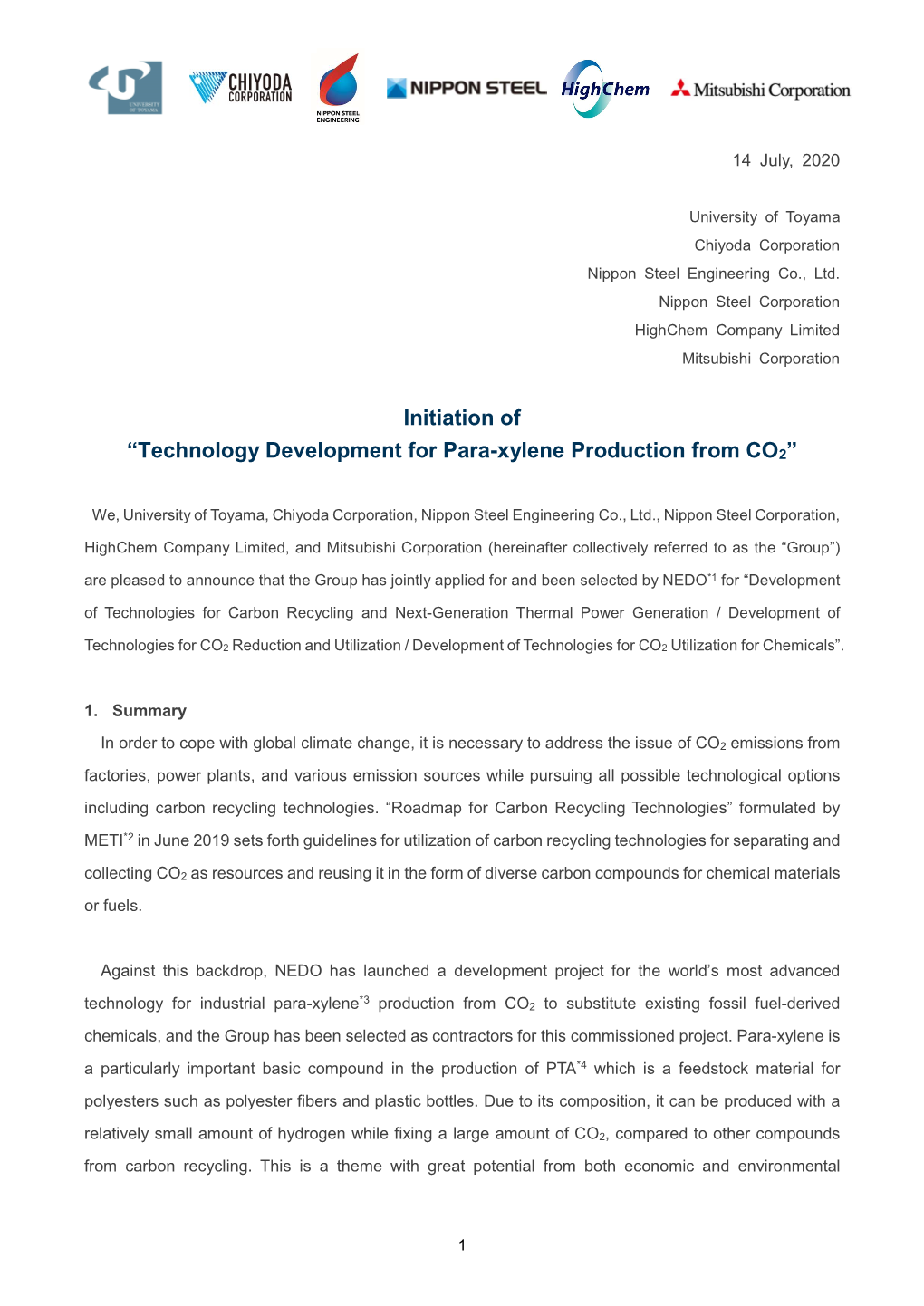 Initiation of “Technology Development for Para-Xylene Production from CO2”