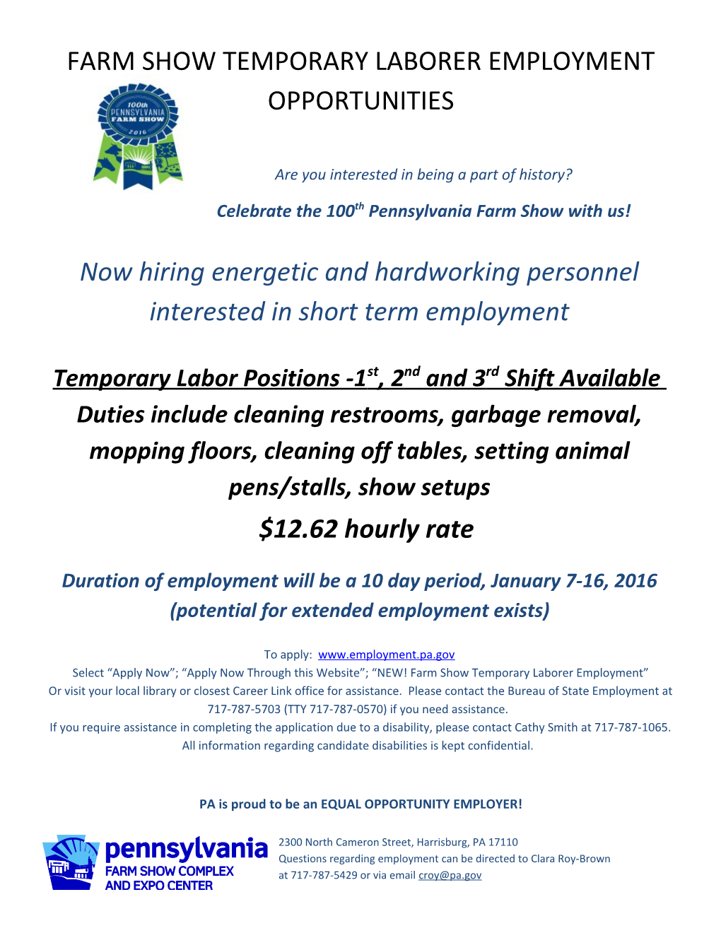 Farm Show Temporary Laborer Employment Opportunities