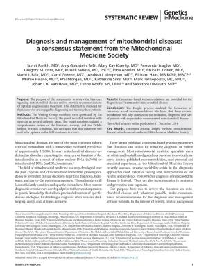 Diagnosis and Management of Mitochondrial Disease: a Consensus Statement from the Mitochondrial Medicine Society