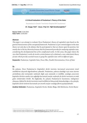 A Critical Evaluation of Poulantzas's Theory of the State Poulantzas'ın Devlet Teorisinin Eleştirel Bir İncelemesi Dr