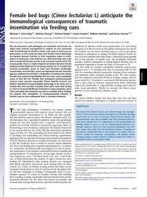 Female Bed Bugs (Cimex Lectularius L) Anticipate the Immunological Consequences of Traumatic Insemination Via Feeding Cues