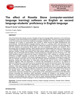 The Effect of Rosetta Stone (Computer-Assisted Language Learning) Software on English As Second Language Students’ Proficiency in English Language