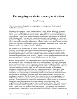 The Hedgehog and the Fox – Two Styles of Science