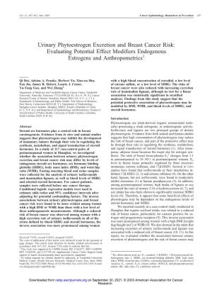 Urinary Phytoestrogen Excretion and Breast Cancer Risk: Evaluating Potential Effect Modifiers Endogenous Estrogens and Anthropometrics1
