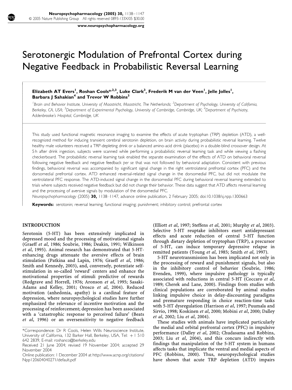 Serotonergic Modulation of Prefrontal Cortex During Negative Feedback in Probabilistic Reversal Learning