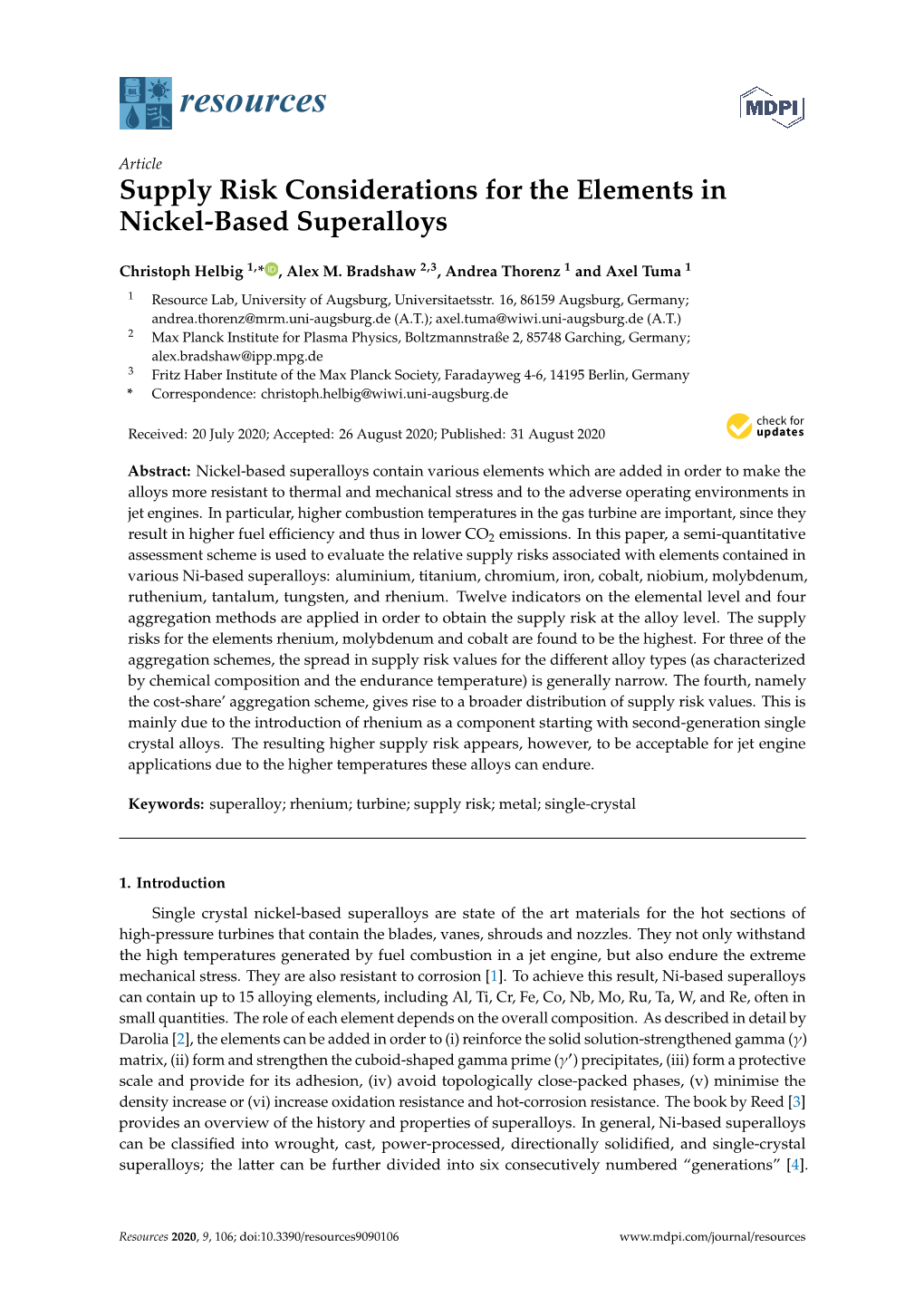 Supply Risk Considerations for the Elements in Nickel-Based Superalloys