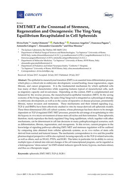 EMT/MET at the Crossroad of Stemness, Regeneration and Oncogenesis: the Ying-Yang Equilibrium Recapitulated in Cell Spheroids