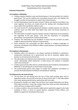 How Coalition Government Works Constititution Unit, 3 June 2011 Summary of Key Points