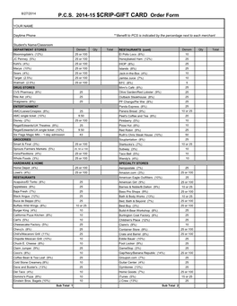 P.C.S. 2014-15 $CRIP-GIFT CARD Order Form
