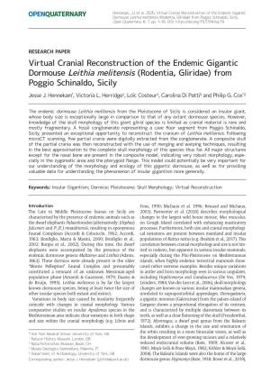 Virtual Cranial Reconstruction of the Endemic Gigantic Dormouse Leithia Melitensis (Rodentia, Gliridae) from Poggio Schinaldo, Sicily