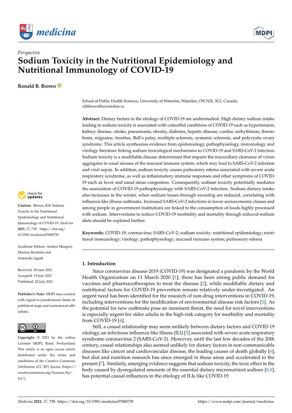 Sodium Toxicity in the Nutritional Epidemiology and Nutritional Immunology of COVID-19
