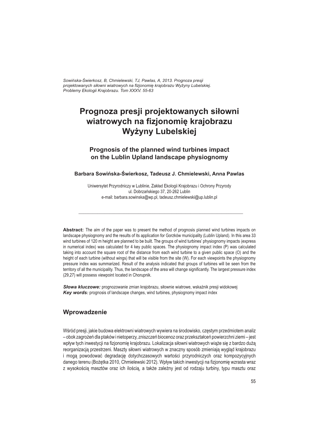 Prognoza Presji Projektowanych Siłowni Wiatrowych Na Fizjonomię Krajobrazu Wyżyny Lubelskiej