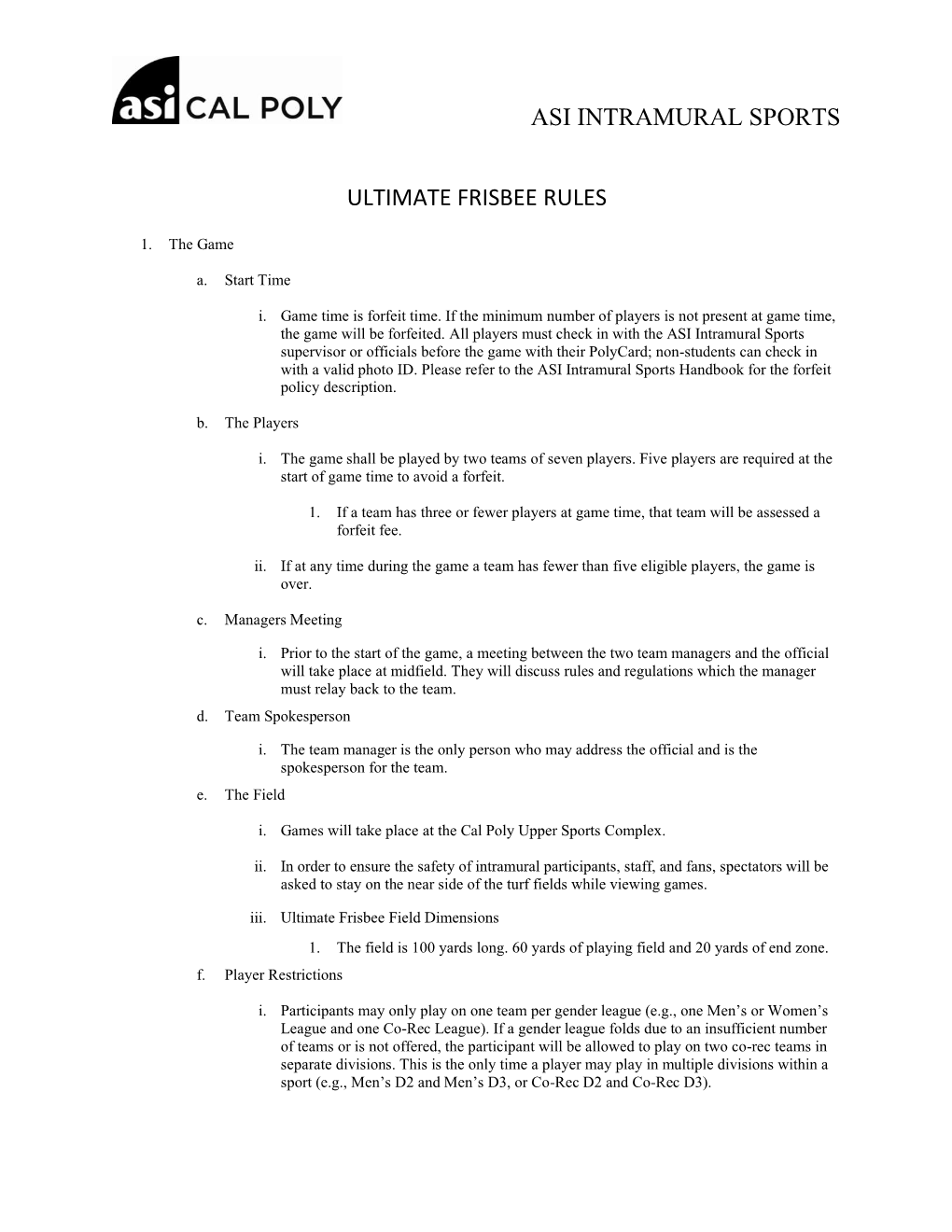 Asi Intramural Sports Ultimate Frisbee Rules