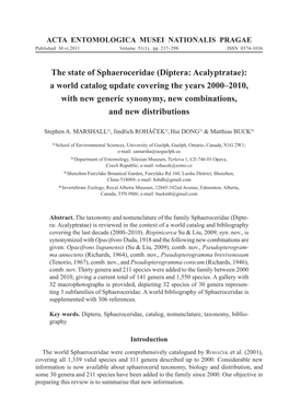 Diptera: Acalyptratae): a World Catalog Update Covering the Years 2000–2010, with New Generic Synonymy, New Combinations, and New Distributions