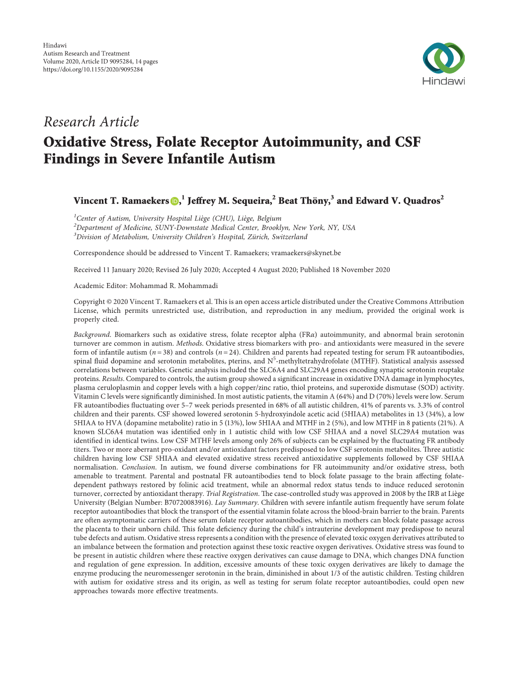 'Oxidative Stress, Folate Receptor Autoimmunity, and CSF Findings In