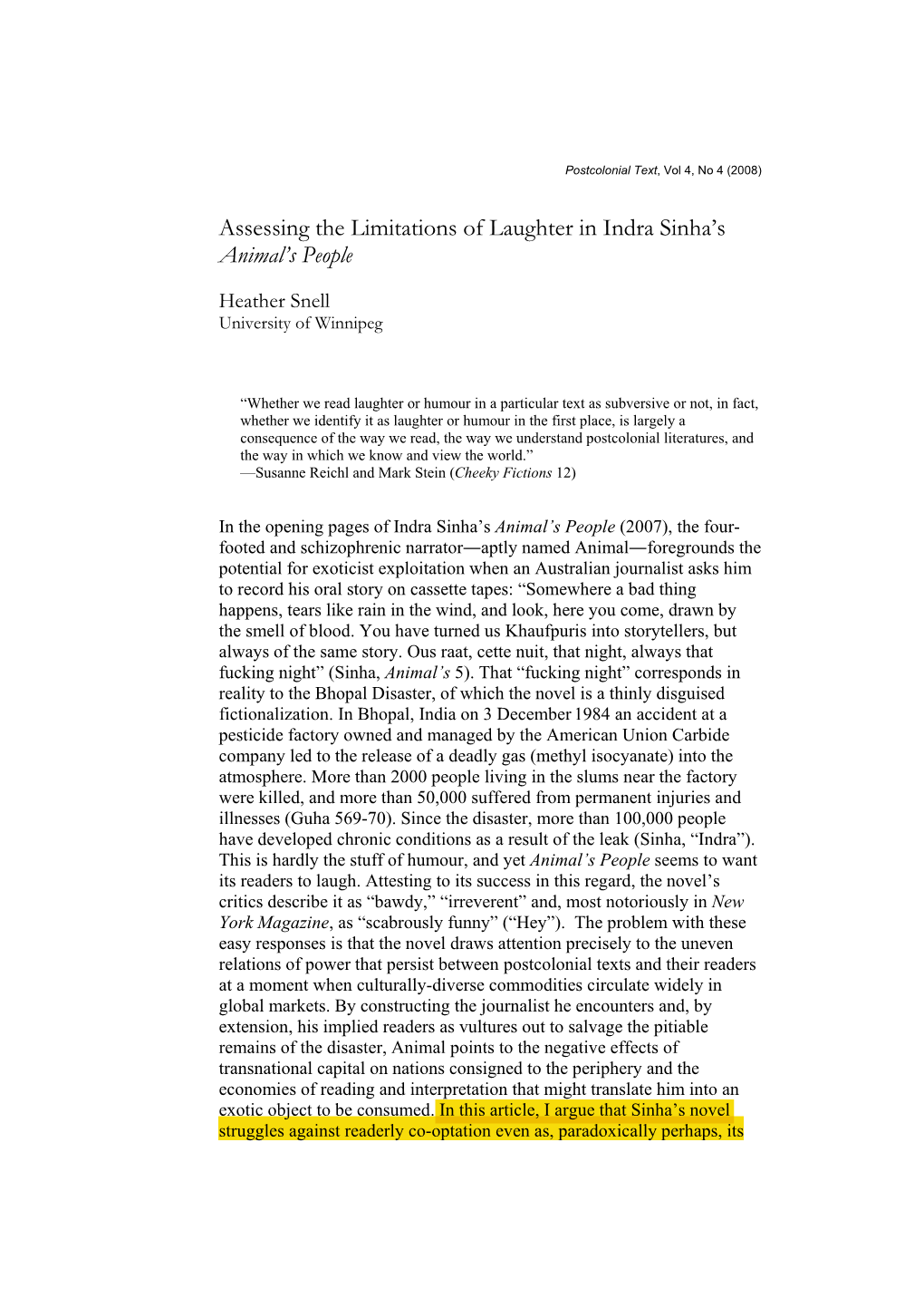 Assessing the Limitations of Laughter in Indra Sinha's Animal's People