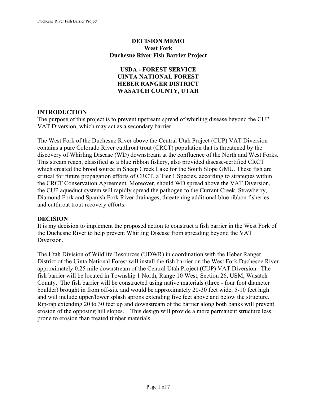 West Fork Duchesne Fish Barrier Decision Memo