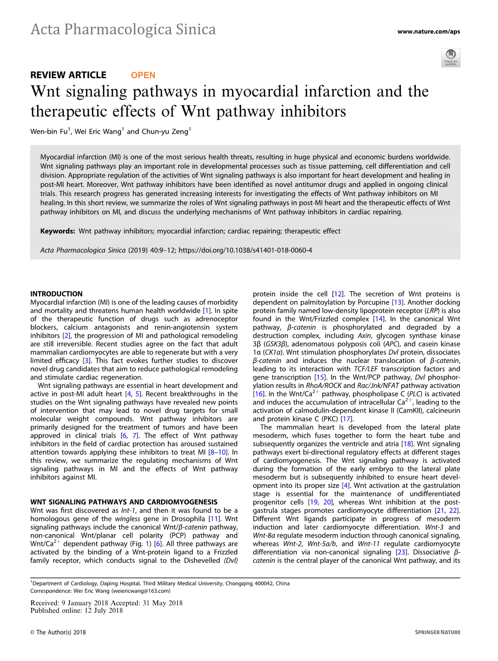 Wnt Signaling Pathways in Myocardial Infarction and the Therapeutic Effects of Wnt Pathway Inhibitors