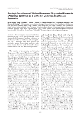 Serologic Surveillance of Wild and Pen-Reared Ring-Necked Pheasants (Phasianus Colchicus) As a Method of Understanding Disease Reservoirs