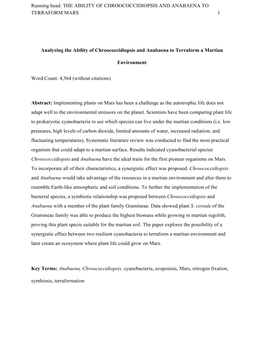 Running Head: the ABILITY of CHROOCOCCIDIOPSIS and ANABAENA to TERRAFORM MARS 1