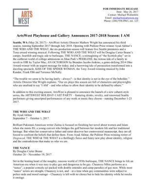 Artswest Playhouse and Gallery Announces 2017-2018 Season: I AM