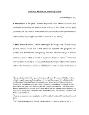 Secularism, Atheism and Democracy1 (Draft)