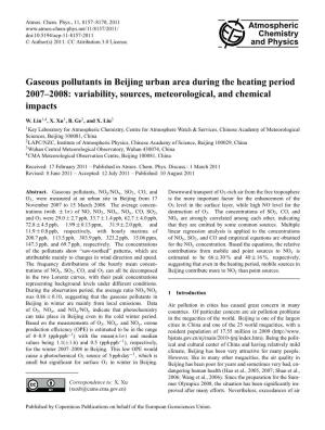 Gaseous Pollutants in Beijing Urban Area During the Heating Period 2007–2008: Variability, Sources, Meteorological, and Chemical Impacts