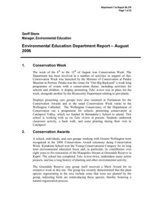 Environmental Education Department Report – August 2006