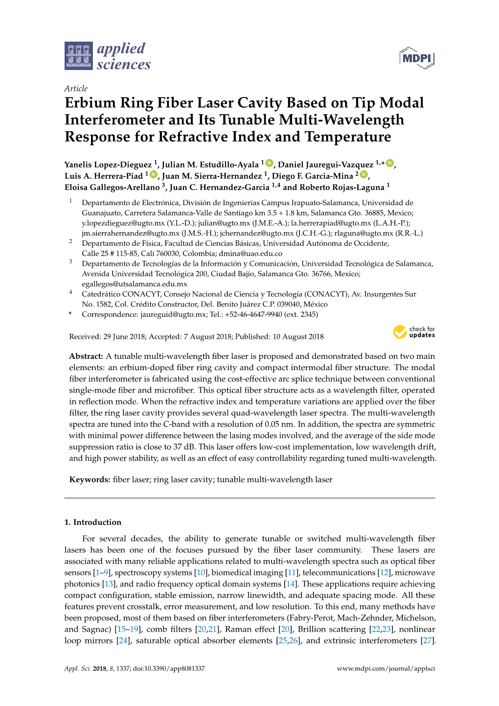 Erbium Ring Fiber Laser Cavity Based on Tip Modal Interferometer and Its Tunable Multi-Wavelength Response for Refractive Index and Temperature