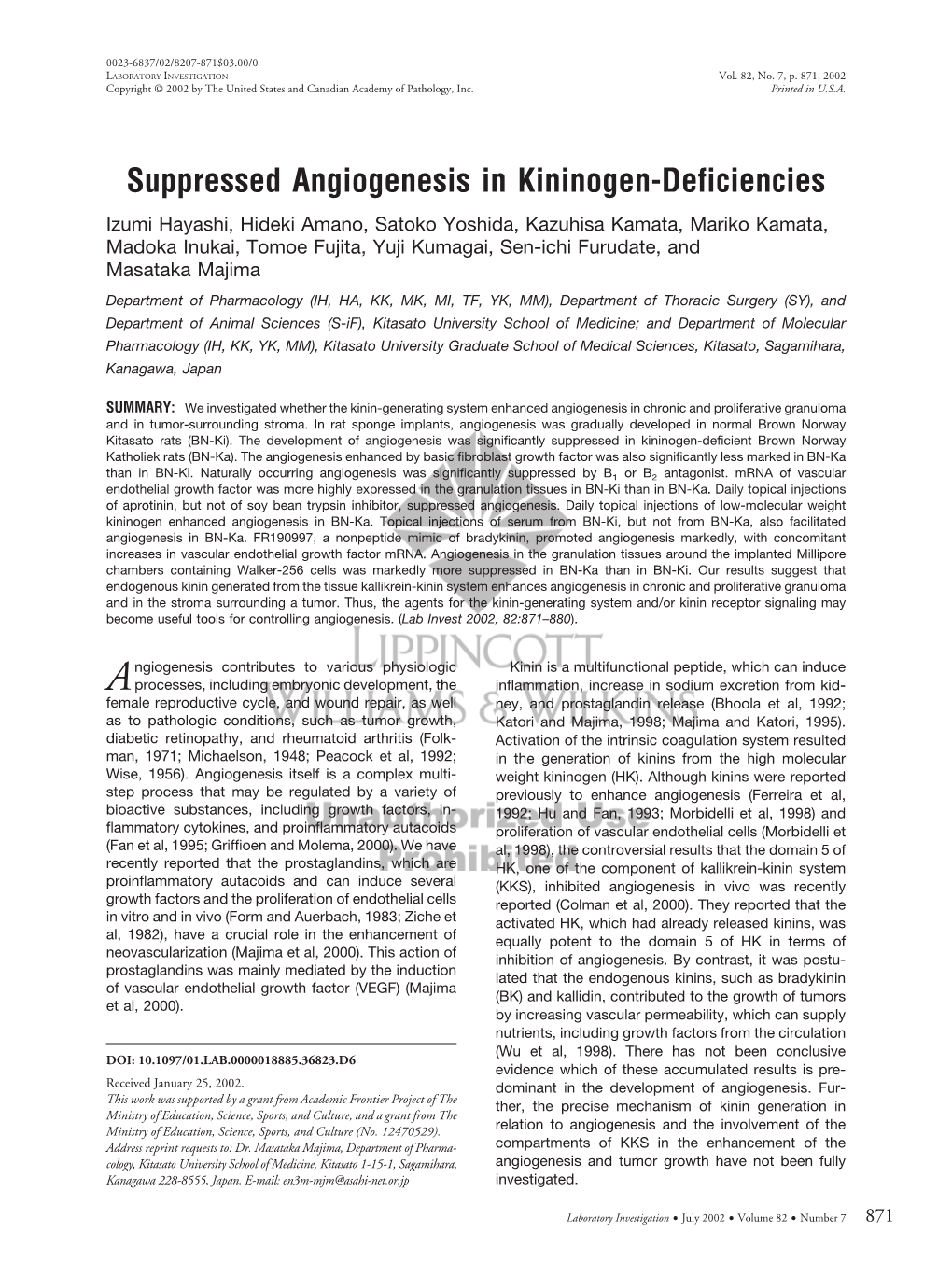 Suppressed Angiogenesis in Kininogen-Deficiencies