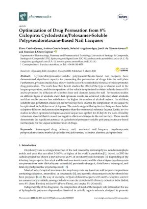 Optimization of Drug Permeation from 8% Ciclopirox Cyclodextrin/Poloxamer-Soluble Polypseudorotaxane-Based Nail Lacquers