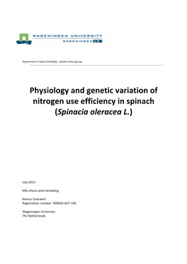 Physiology and Genetic Variation of Nitrogen Use Efficiency in Spinach (Spinacia Oleracea L.)