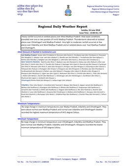 Regional Daily Weather Report Sunday, 24 June 2018 Issue Time : 13:00 Hrs