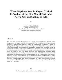 When Négritude Was in Vogue: Critical Reflections of the First World Festival of Negro Arts and Culture in 1966