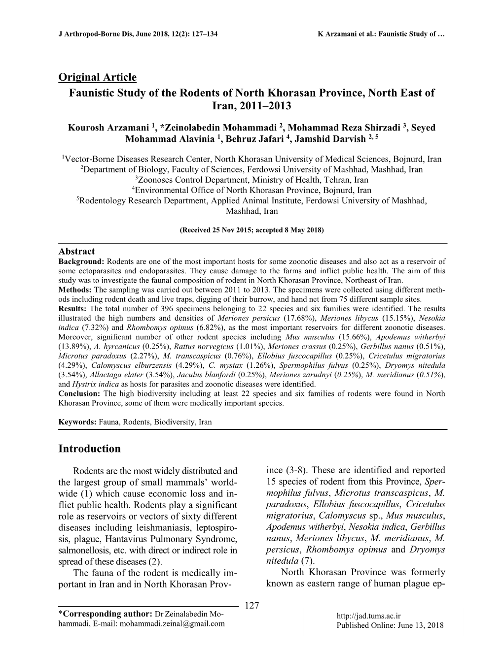 Faunistic Study of the Rodents of North Khorasan Province, North East of Iran, 2011–2013