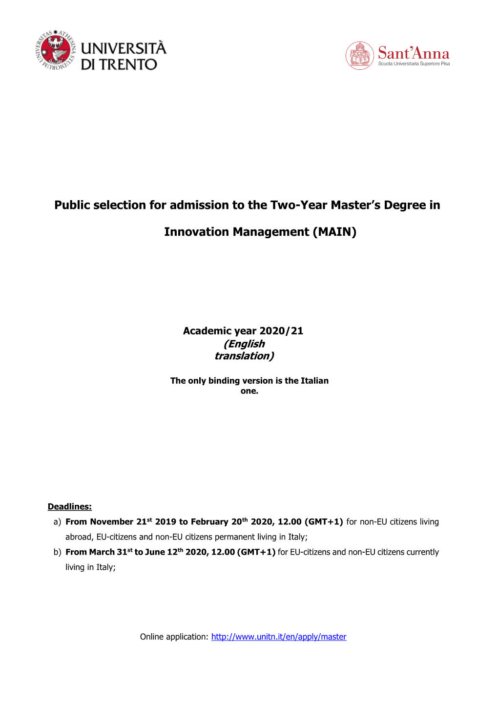 Public Selection for Admission to the Two-Year Master׳S Degree In