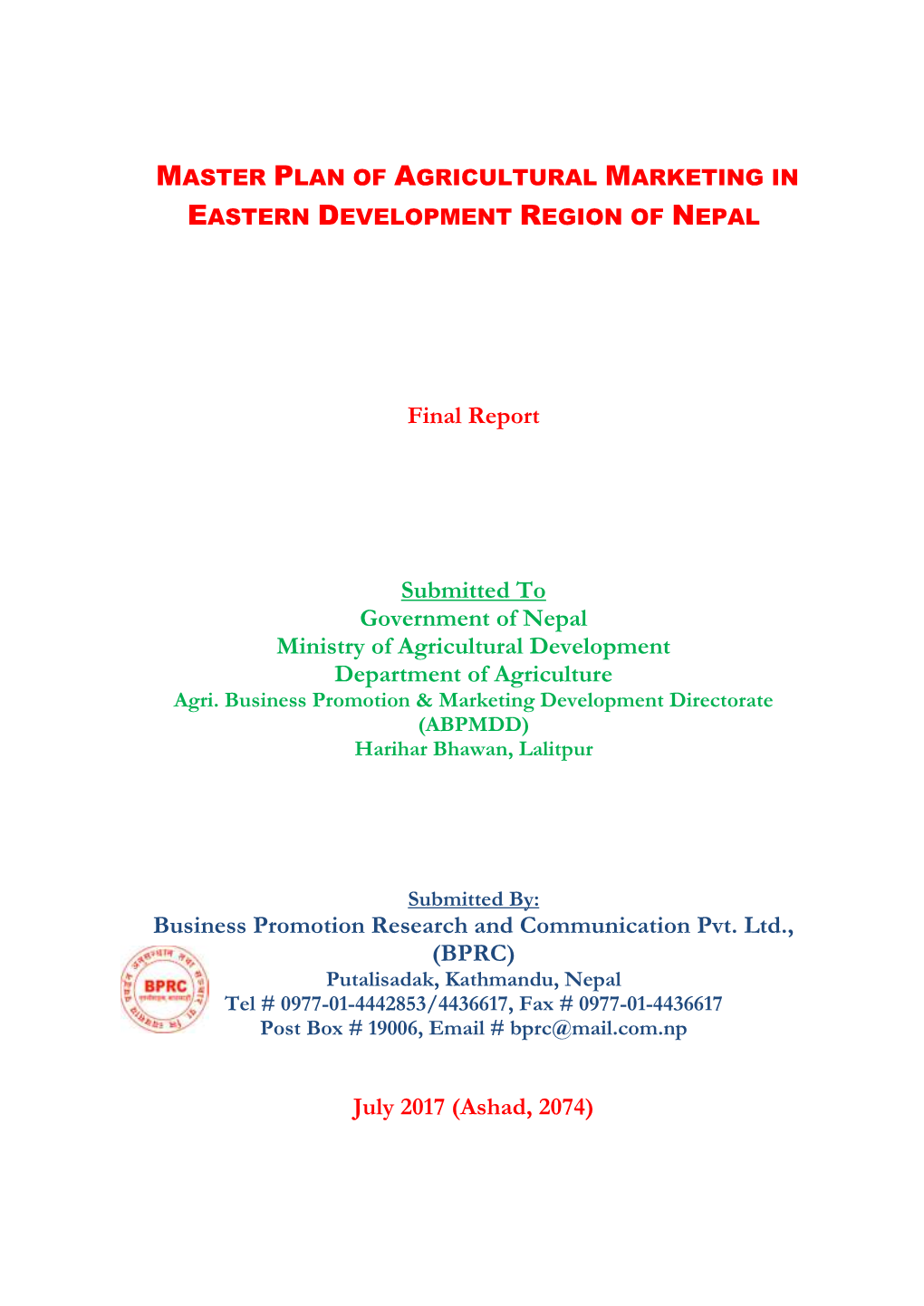 Master Plan of Agricultural Marketing in Eastern Development Region of Nepal