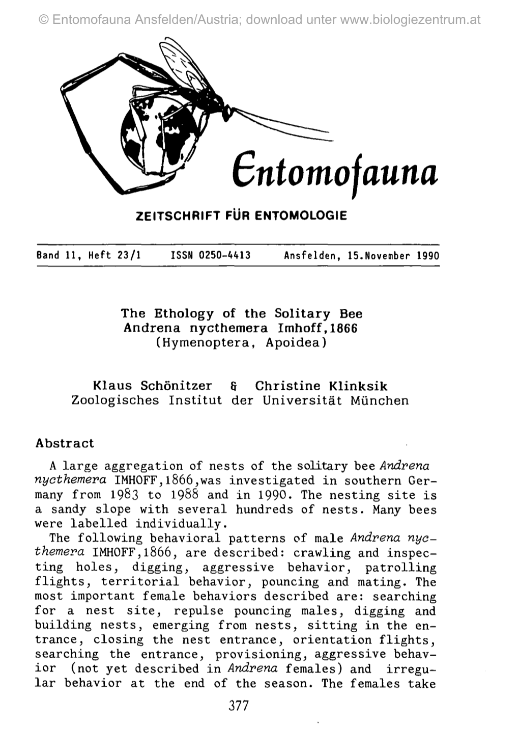 Sntomojauna ZEITSCHRIFT FÜR ENTOMOLOGIE